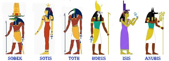 Imagem representando antigos deuses egípcios. 
Da esquerda para a direita: Sobek, Sotis, Toth, Hórus, Isis e Anúbis. 

Sobek era o deus-crocodilo dos Antigos Egípcios e está representado como um homem com cabeça de crocodilo, ostentando uma coroa com um disco solar e uraeus (serpentes sagradas).

Sotis, com roupa em detalhes vermelho com azul e uma estrela acima de sua cabeça, com cabelos pretos na altura do ombros.
Toth sendo representado  na forma de íbis com o bico curvado. Suas vestes inferiores são amarela e azul (parece uma saia). 
Hórus: possui corpo de homem e cabeça de falcão com uma coroa em forma cônica. Na mão esquerda, ele carrega uma chave que simboliza a vida e a morte e que é citada no texto.

Isis: representada como uma mulher usando um vestido de bainha, lilás, e um símbolo de ankh na mão direita. 
Anúbis: Representado com a cabeça de chacal e corpo de homem, vestes em tons verde-piscina, branca e amarela; na mão direita ele segura um cetro, e na esquerda, a chave que representa a vida e a morte. 