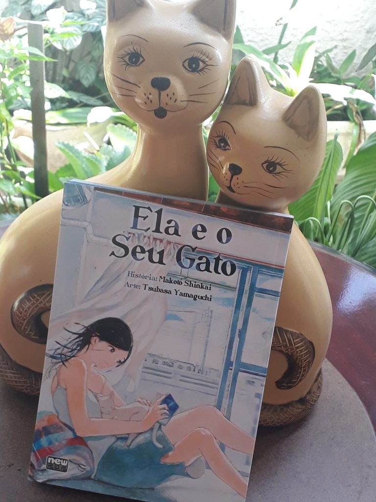 Na imagem temos o mangá (sua capa), apoiado em dois gatos de porcelana, de cor amarelada.
Na capa temos o título "Ela e o seu gato", em letras pretas, grande. Abaixo do título temos escrito em letras menores: História: Makoto Shinkai. Arte: Tsubasa Yamaguchi.
O cenário da capa é um quarto, com tonalidades branco e azul, e ao fundo observamos uma cortina entreaberta e uma janela. No centro, temos uma garota de camiseta e saia, sendo a parte de cima branca, e a de baixo azul, encostada em uma almofada que tem tons de faixa laranja, roxo, azul, vermelho e branco, com um gato totalmente branco deitado em seu colo, enquanto com a mão esquerda ela segura algo que ela está lendo e a mão direita está apoiando o gato.
Na parte inferior esquerda, temos o nome da editora, New Pop.
A jovem tem cabelos e olhos pretos. Seus cabelos estão soltos, e alguns fios estão meio esvoaçantes, do lado esquerdo. 
Atrás da imagem, de fundo, vemos tonalidades verdes que correspondem a plantas.