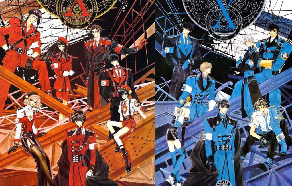 À esquerda os Dragões do Céu: quatro rapazes e três garotas com roupas de tons vermelhos e pretos. À direita, os Dragões da Terra: seis rapazes e uma garota com roupas de tons azuis e pretos.
