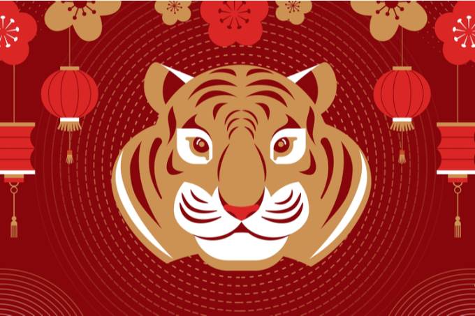Ilustração da cabeça de um tigre em laranja com fundo em vermelho e adornos de lampadas chinesas vermelhas.