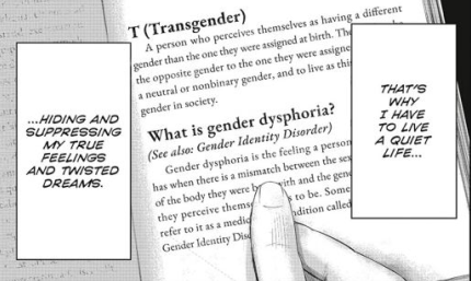 Página do mangá onde tem escrito o significado de transexual e disforia de gênero.