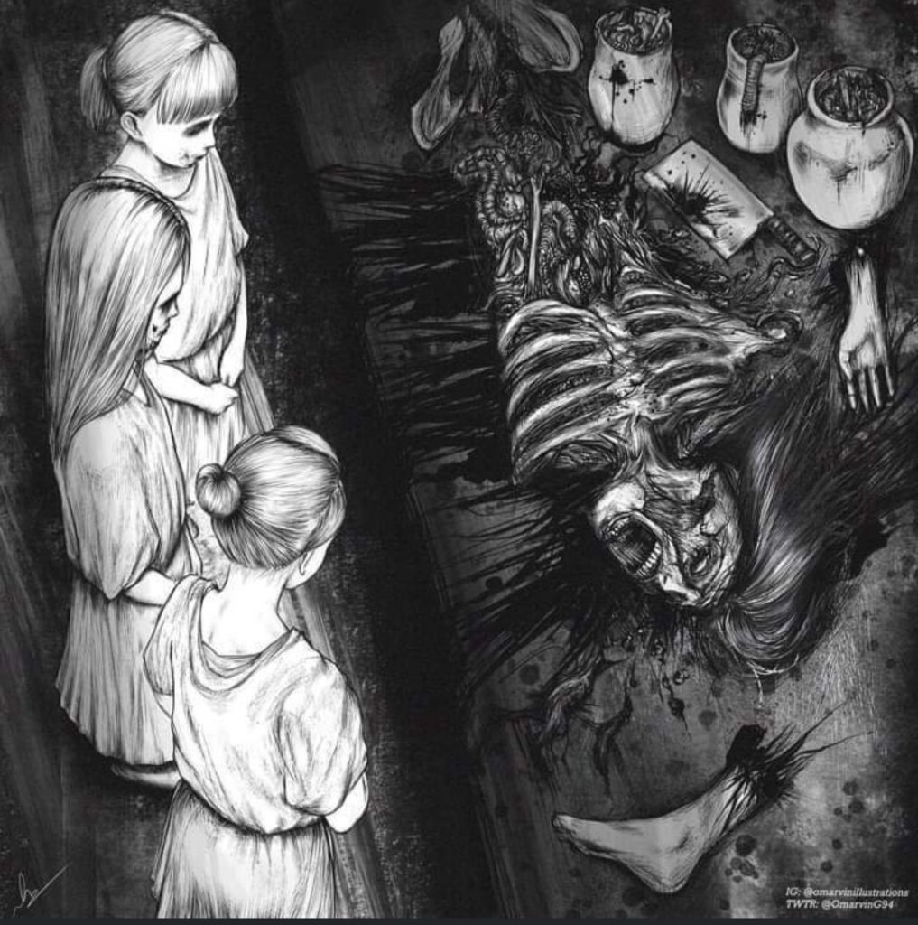 Na imagem vemos as três filhas de Ymir paradas em frente aos restos de sua mãe, olhando para os pedaços fixamente depois de ter se alimentado da mesma. A imagem está toda em preto em branco como se fosse a página de um mangá.
