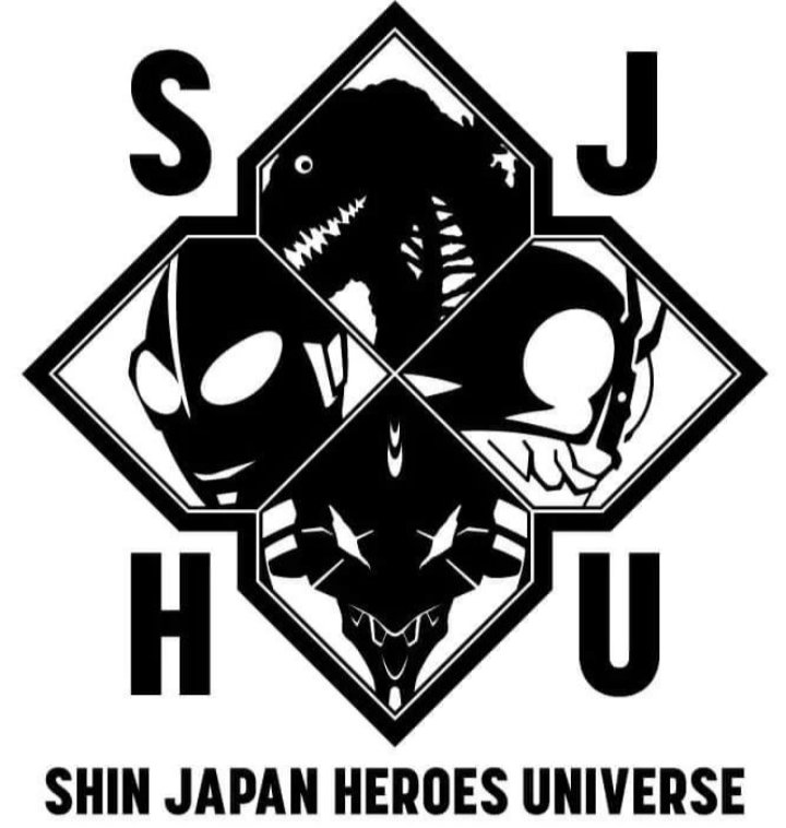 Logo com as letras SJHU e os rostos de Godzilla, Kamen Rider, Eva e Ultraman dentro de losangos (em sentido horário).