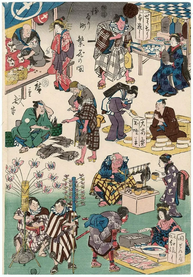 A xilogravura retrata o Maru-shime no Neko, uma variação do Maneki Neko, sendo vendido em uma feira.