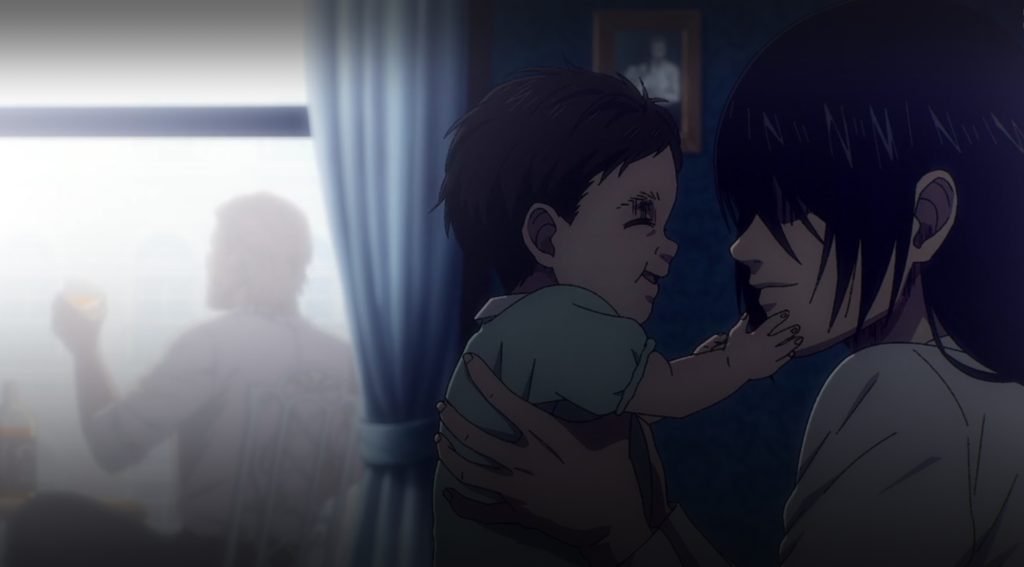 Na imagem vemos um sonho de Jean, em que ele vê a personagem Mikasa segurando um filho seu muito feliz enquanto ele bebe licor em uma sacada da cidade onde sempre quis morar. O personagem sonha isso pois sempre foi apaixonado pela personagem.