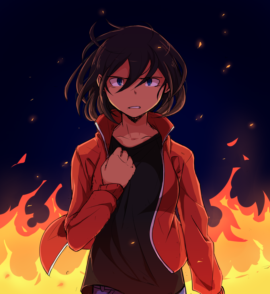 Na imagem, Ryota está vestida com sua camisa preta e sua jaqueta vermelha. Ela está com uma expressão muito seria e decidida. Uma de suas mãos está fechada na altura do seu peito como se estivesse com raiva de algo. O fundo é escuro, com varias chamas ardendo ao redor.