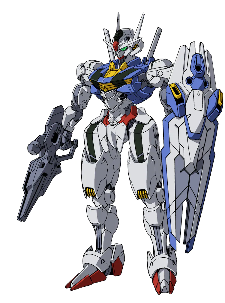 Na imagem vemos Gundam Aerial, um dos mechas do anime. Ele possui as cores características do Gundam, que são branco, azul e vermelho, e está segurando o escudo em uma das mãos e a arma de longa distância na outra.