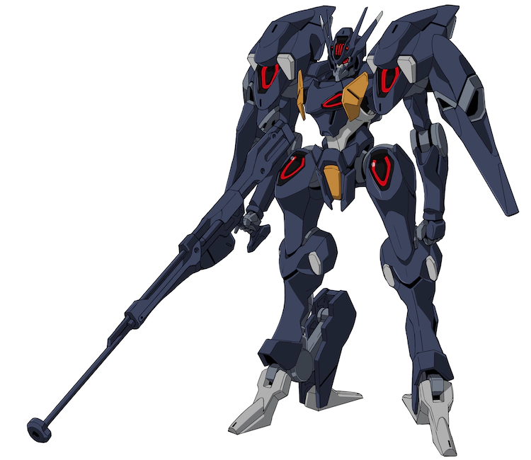 Na imagem vemos Gundam Pharact, outro mecha do anime. Ele e pilotado por Elan, possui um corpo mais alongado na cor azul escuro e vermelho e está segurando sua arma, que se assemelha muito a uma sniper de elite para longas distâncias.