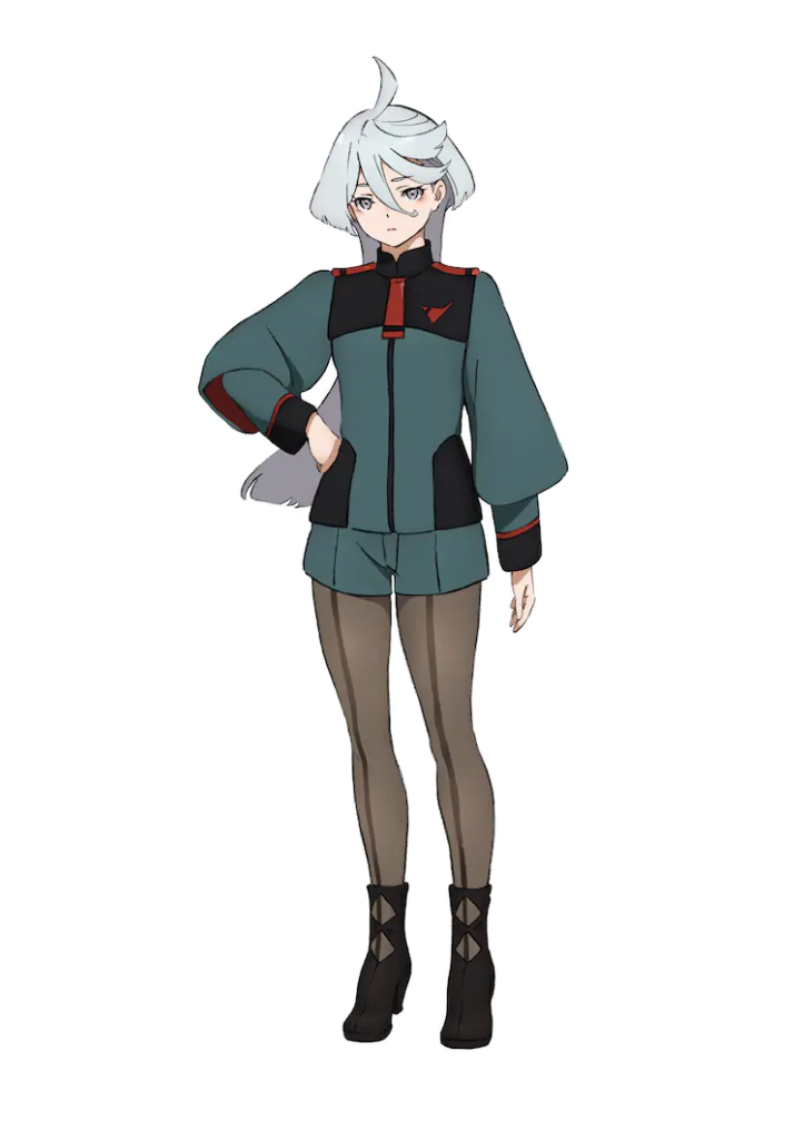  Vemos Miorine ,uma importante personagem que, ao lado da protagonista, faz parte da historia do anime. Ela está usando seu uniforme verde e cinza, está com uma das mãos na cintura e possui um cabelo muito branco. Aparenta ter a mesma idade da protagonista.