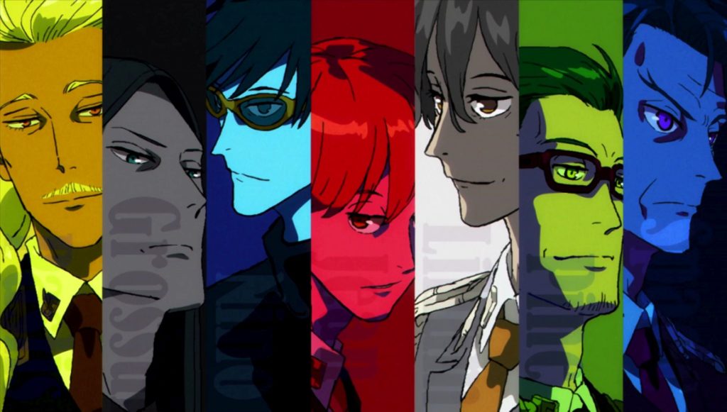 Imagem com elenco do anime ACCA 13-ku Kansatsu-ka: Pastis, Grossular, Nino, Jean Otus, Lilium, Pine e Spade.