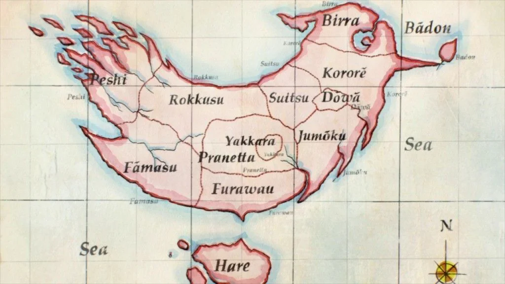 Imagem com mapa em formato de passáro de Dowa, do anime ACCA 13-ku Kansatsu-ka.