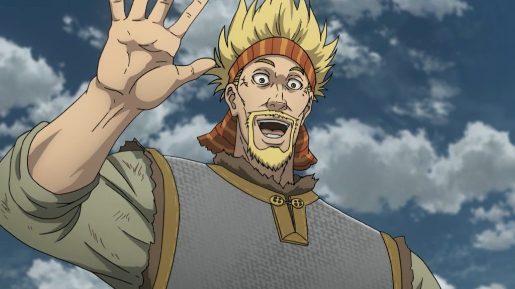 Personagem Thorkell o Alto do anime Viland Saga, sorrindo e acenando.