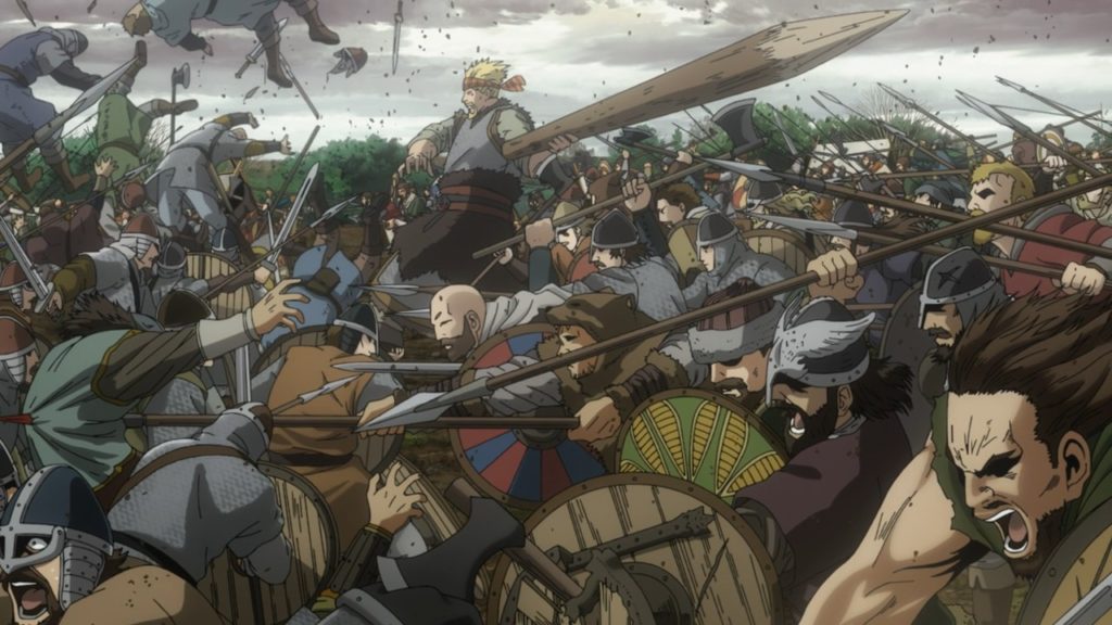 Cena de batalha do anime Vinland Saga com vários homens lutando um contra os outros, com espada e lanças.