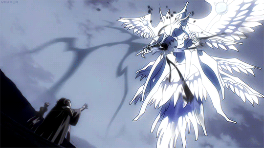 Ainz, personagem do anime Overlord usando sua magia para destruir um ser angelical que está no céu.