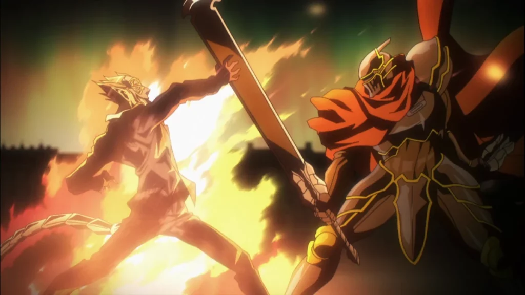 Duas pessoas lutando em overlord. O da esquerda é um demônio que acaba de segurar com as mãos, um golpe de espada de um homem vestido em uma armadura preta na direita.