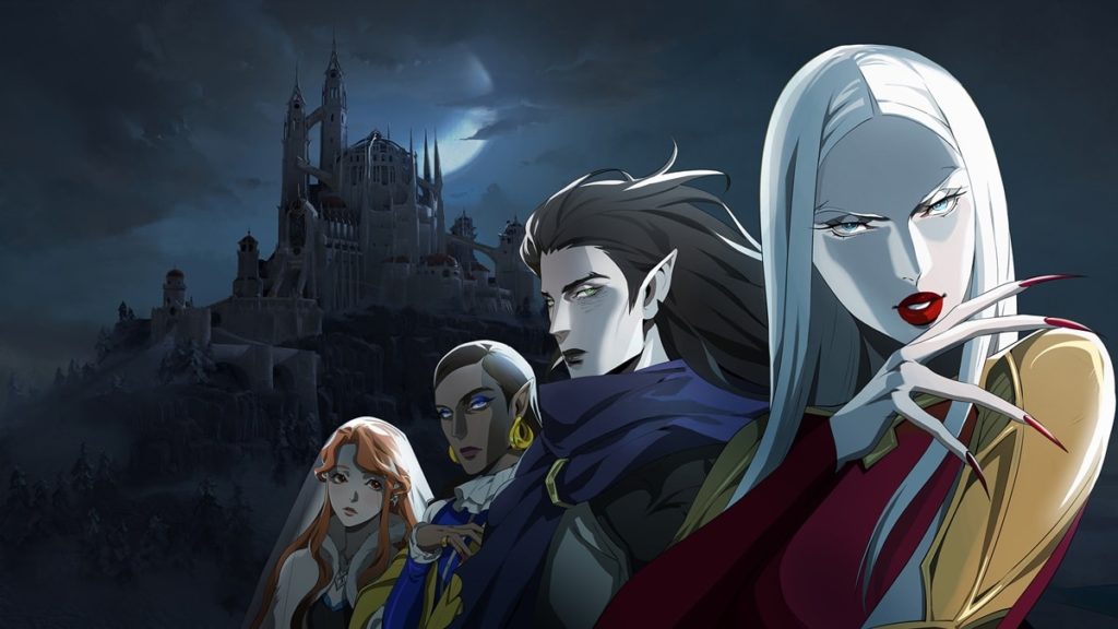 Quatro vilãs do anime Castlevania e ao fundo delas o castelo do Drácula.