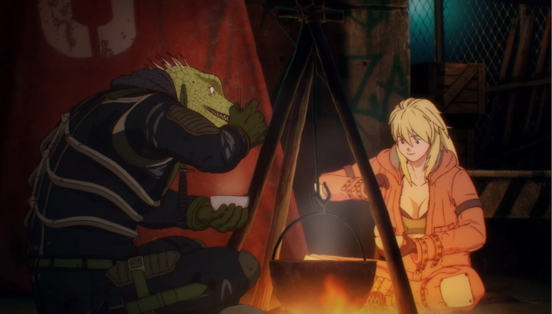 Caiman e Nikaido sentados perto de um fogão improvisado no lado de fora de uma barraca à noite.