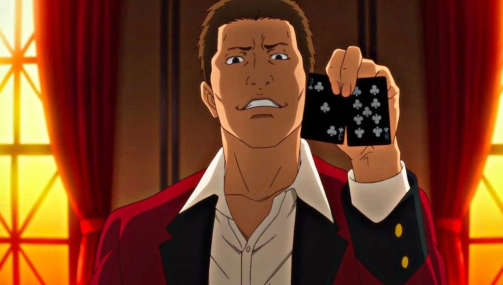 Um persogem de anime masculino segurando daus cartas na mão, com uma expressão de vencedor.