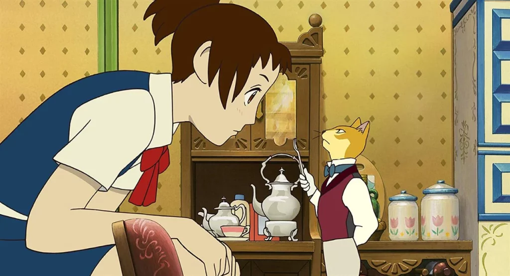Cena do filme O Reino dos Gatos, onde Haru está prestando atenção em um gato vestido com roupas elegantes.