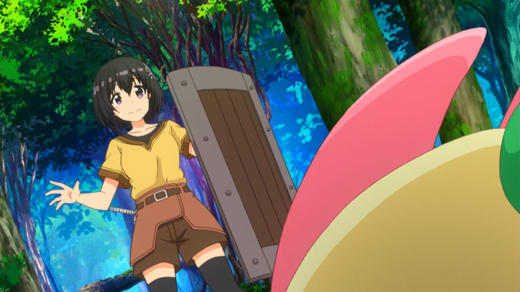 Protagonista Maple do anime Bōfuri no meio de uma floresta, segurando um escudo de ferro e madeira, com uma expressão de assustada enquanto um monstro se aproxima.