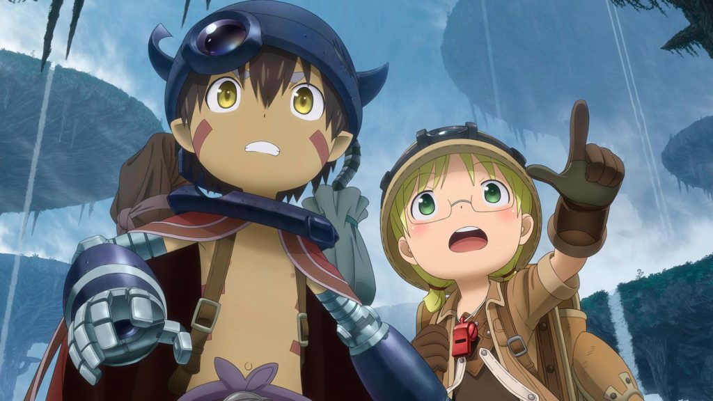 Riko e Reg, personagens do anime Made in Abyss. Ambos estão com expressões de surpresa enquanto olham para algo.