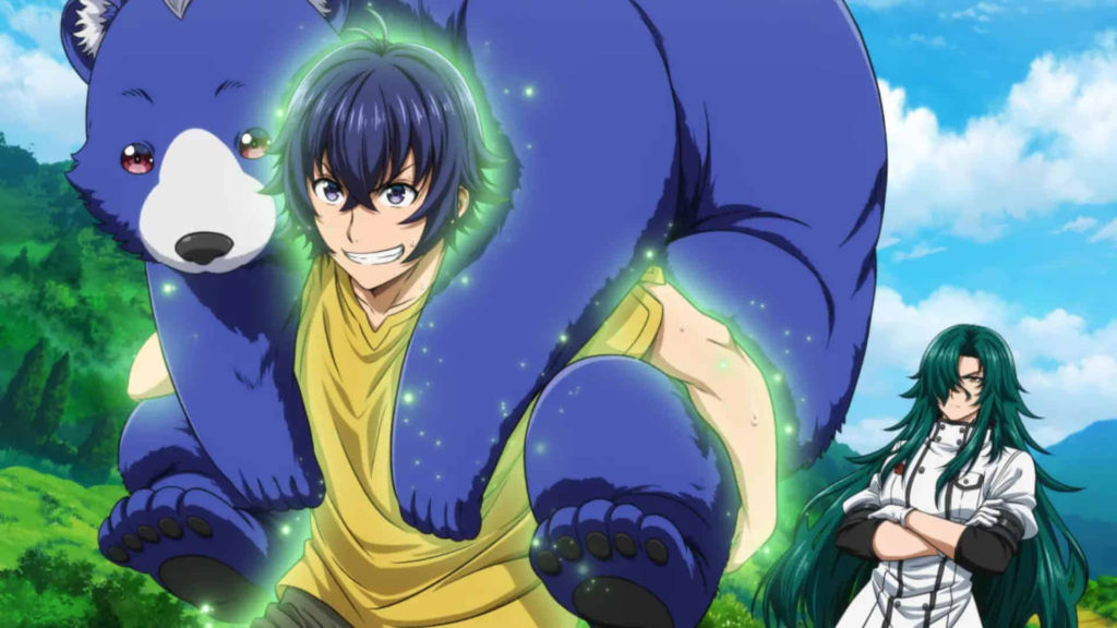 Usato Ken, protagonista do anime Chiyu Mahō, em seu treinamento, correndo com uma espécie de urso nas costas enquanto sua mestra observa no fundo.