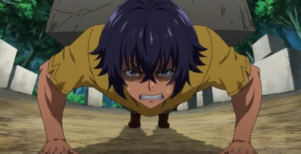 Usato Ken, protagonista do anime Chiyu Mahō, fazendo flexão com uma pedra nas costas.