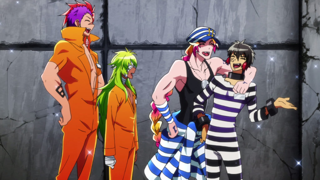 Personagens principais do anime Nanbaka: Jyugo, Uno, Rock e Nico sorrindo.