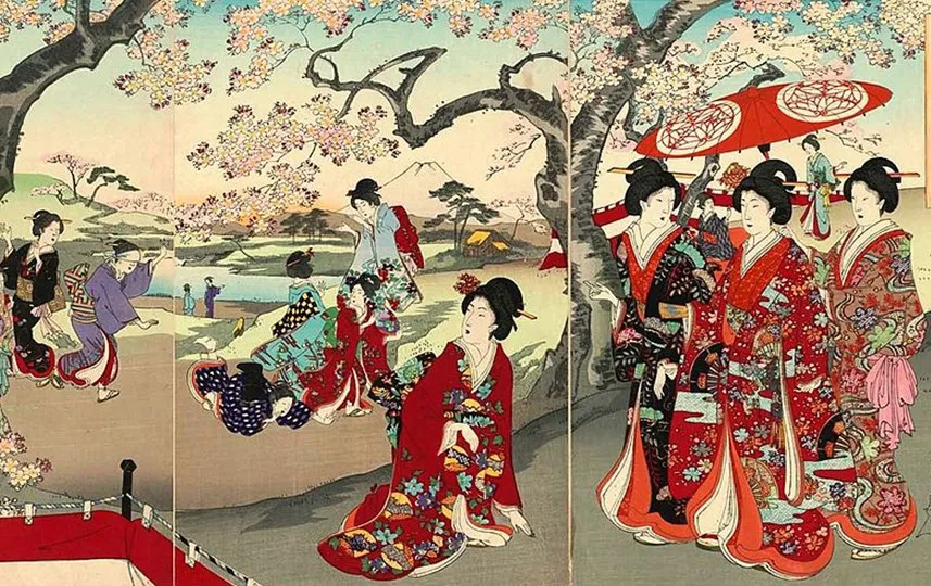 Foto de uma arte tradicional japonesa que demonstra um festival em que o uso do quimono japonês era crucial