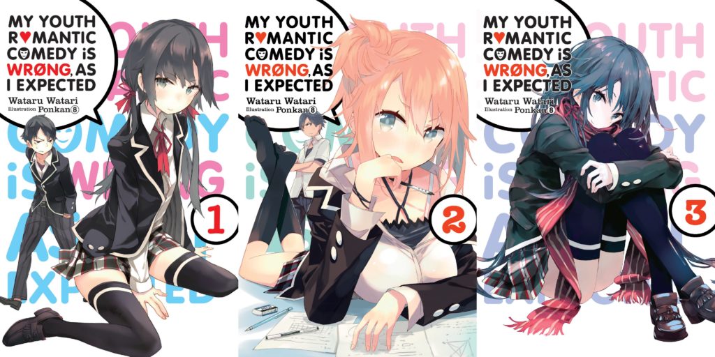 Foto das capas dos três primeiros volumes da série de mangás Yahari Ore no Seishun Lovecome wa Machigatteiru.