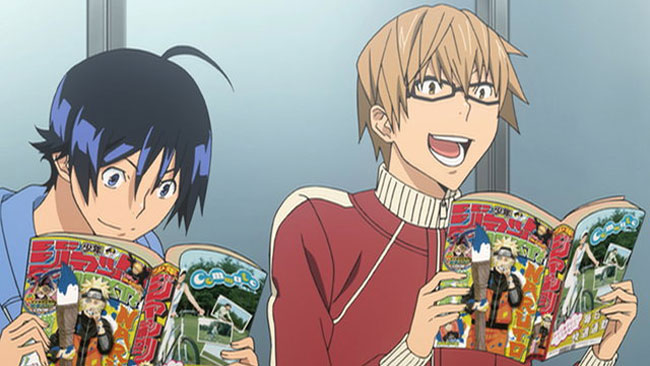 Mashiro e Takagi de Bakuman, lendo mangás da Shōnen Jump