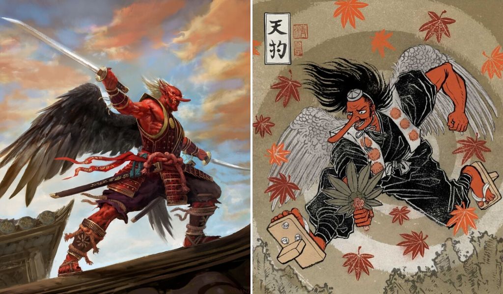 Ilustrações da possível aparência de um tengu segundo a mitologia tradicional representadas em uma pintura japonesa e na outra em uma imagem gerada por IA